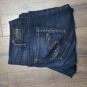 Silver Jeans Suki Mid Slim Bootcut Jeans Dark Wash Embellished Pockets Size 16